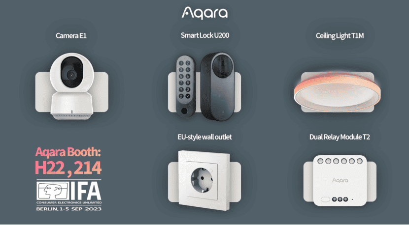 Aqara's new devices announced at IFA 2023; Camera E1, Smart Lock U200, Ceiling Light T1M, EU-style wall outlet, and Dual Relay Module T2