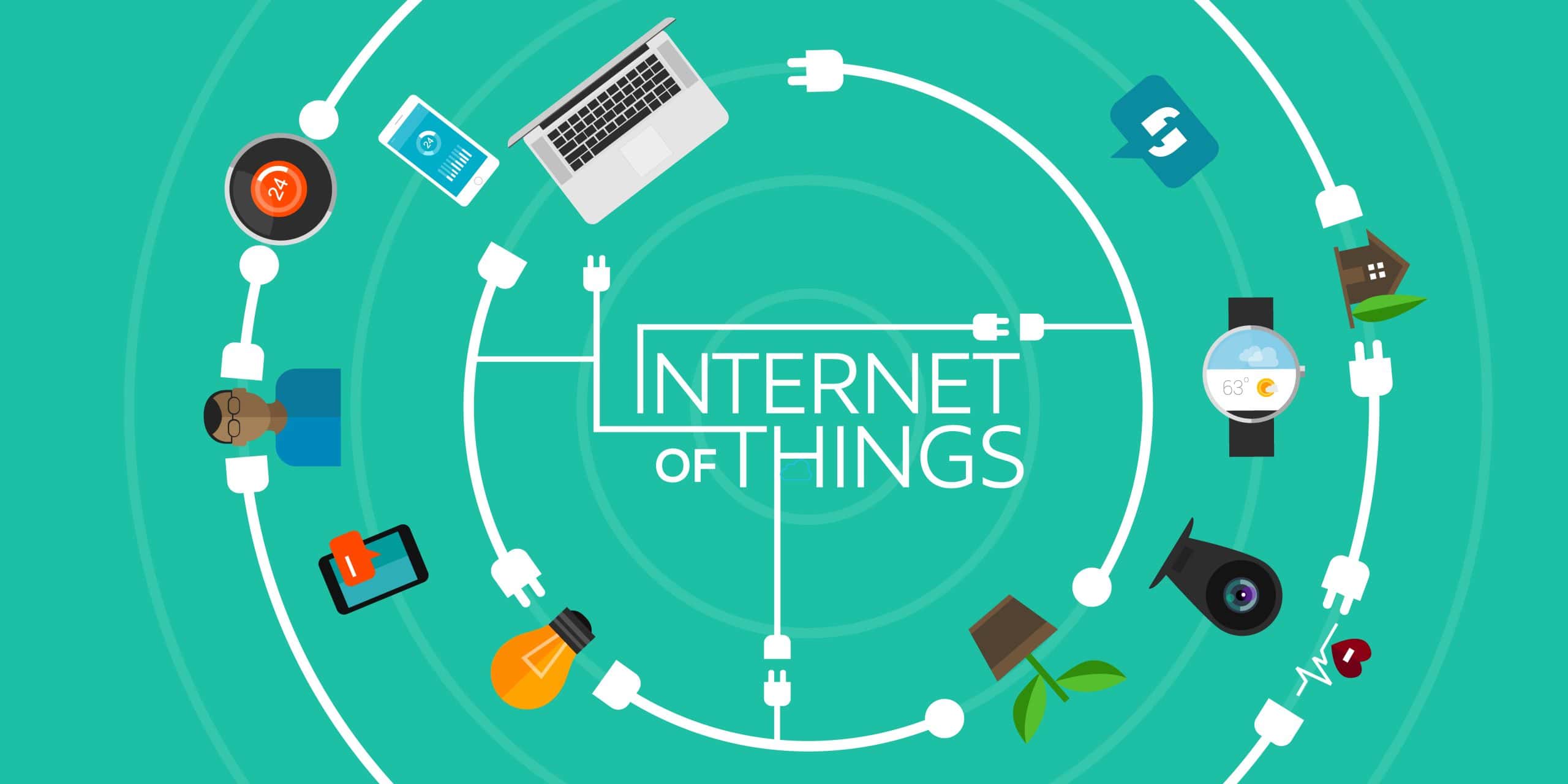 Picture of various smart devices interconnected in two circular shapes with the words Internet of Things in the middle.