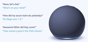 Amazon Alexa and a simulated conversation asking her to chat.
