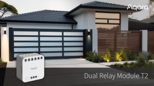 Aquara Dual Relay T2 in front of a house with a garage door prominent.