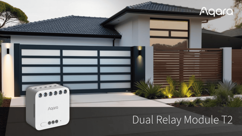 Aquara Dual Relay T2 in front of a house with a garage door prominent.