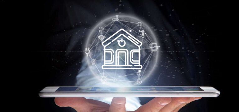 Person holding Smart home interface with icon, stats and data 3d rendering