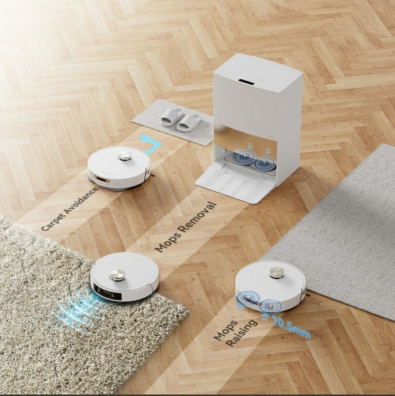 Dreame Technology's L20 Robot Vacuum and Mop showing it's carpet avoidance, mop removal, and mop lifting capabilities