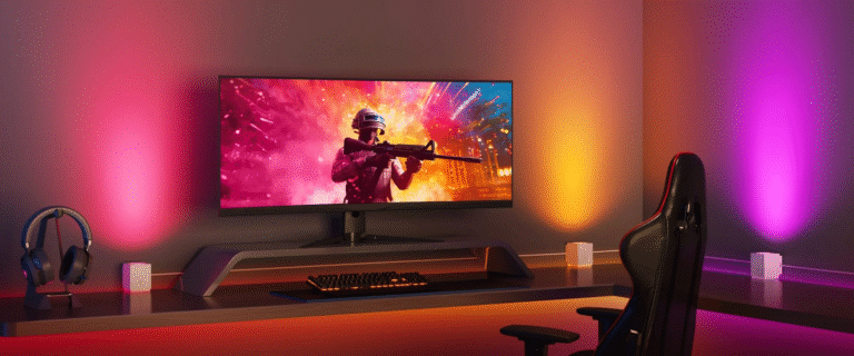 Computer desk with a FPS game and Govee Cube lights for ambiance
