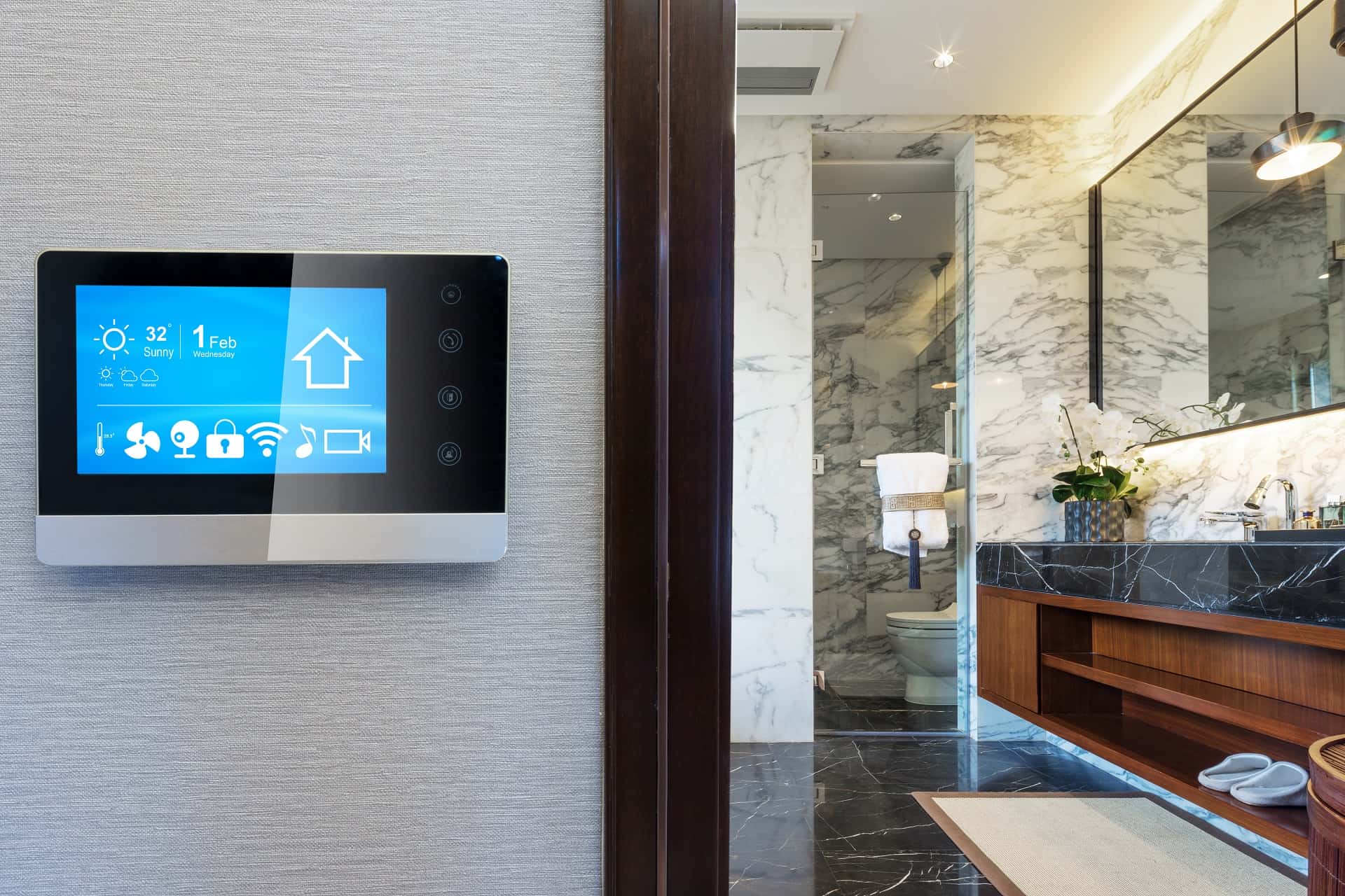smart screen with smart home and modern bathroom