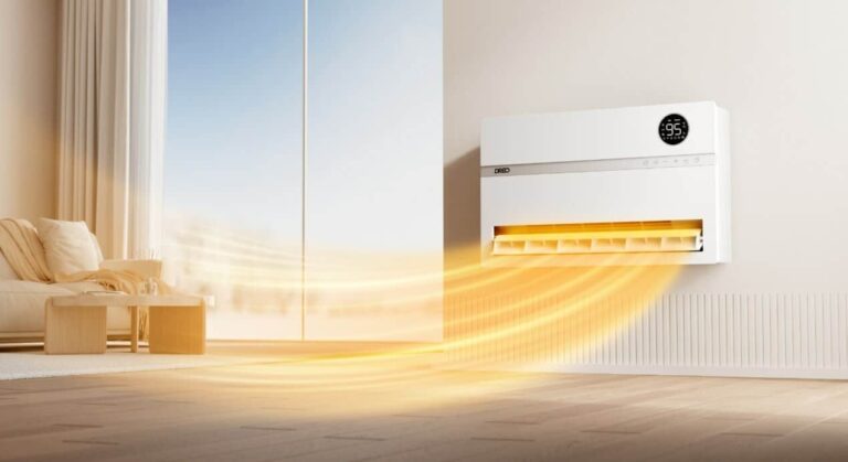 Dreo smart space heater artistically putting out heat.