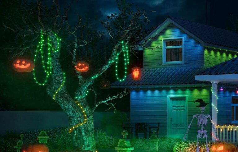 Govee String Lights decorating a spooky tree for Halloween