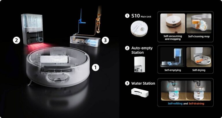 SwitchBot S10 self filling and draining robot vacuum and mop as well as it's accessories and some features of it.