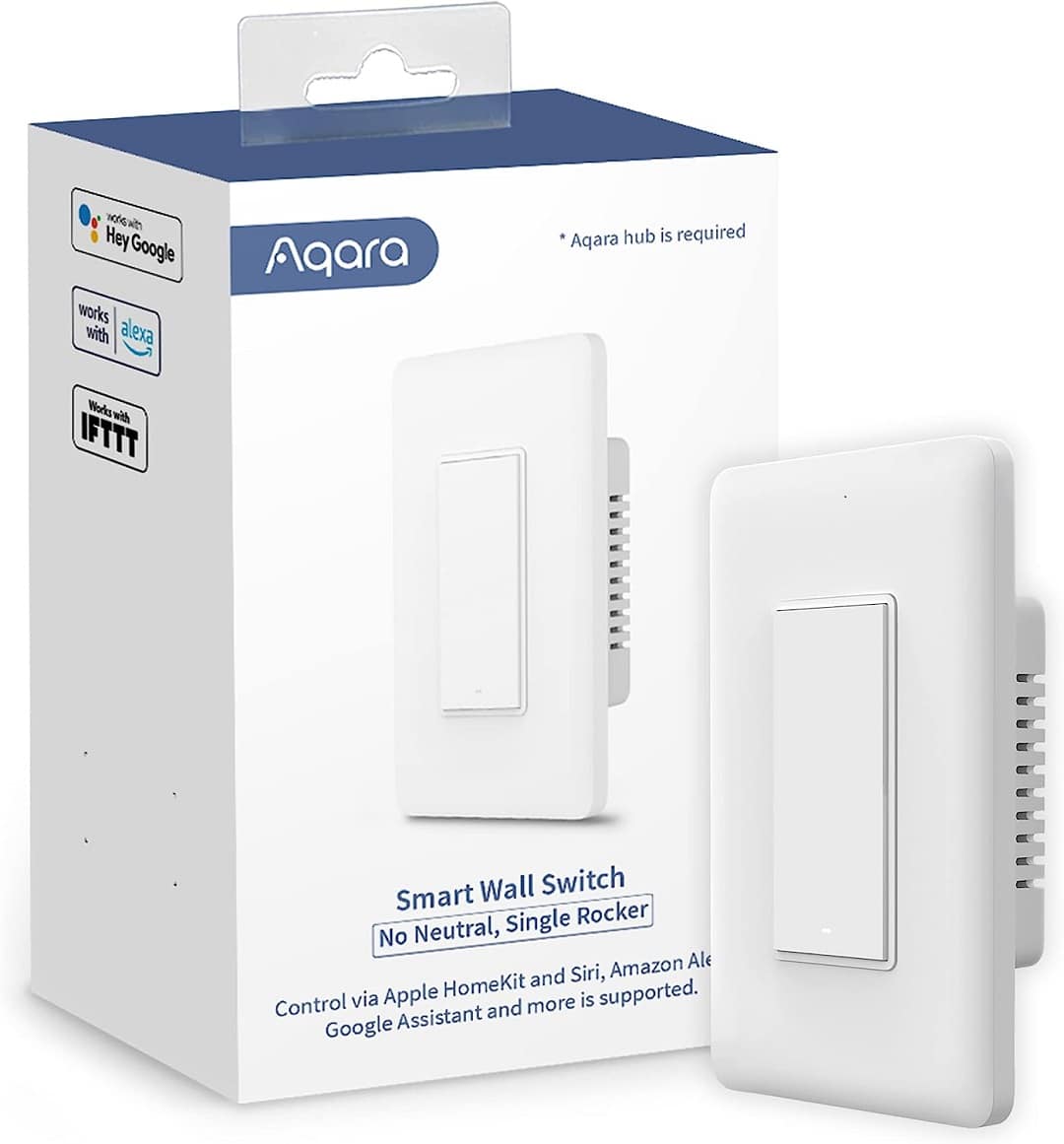 Aqara's smart light switch ( single rocker, no neutral model ) next to it's packaging.