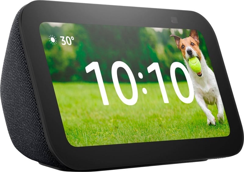 Amazon Echo Show 5 showing the time over a picture of a dog.