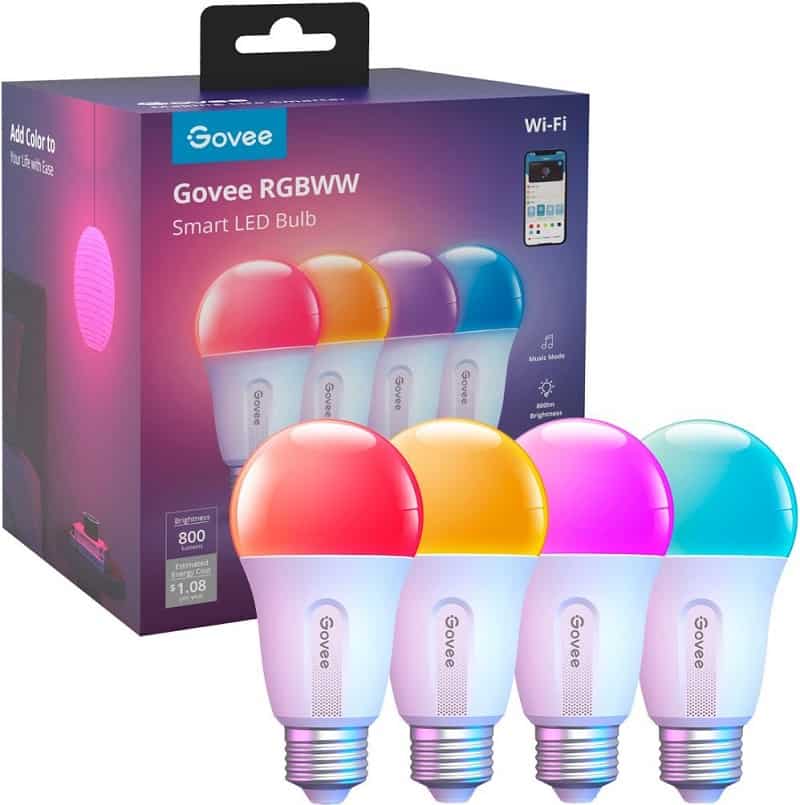 Govee 4 pack of Smart LED bulbs showing off their RGBWW colors. Packaging in background.