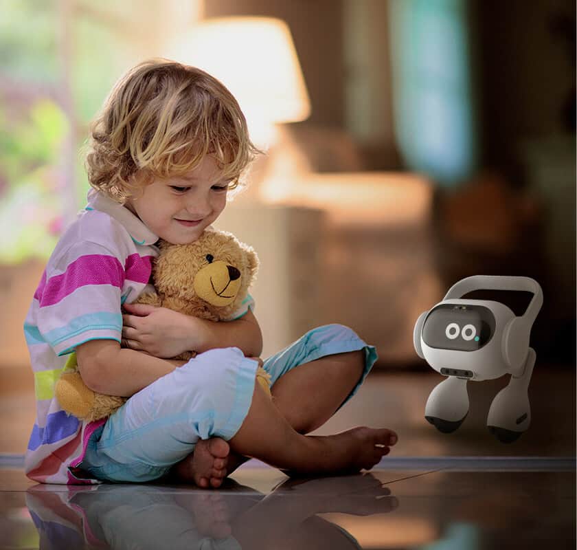 Child hugging a teddy bear next to LG's AI Smart Agent.