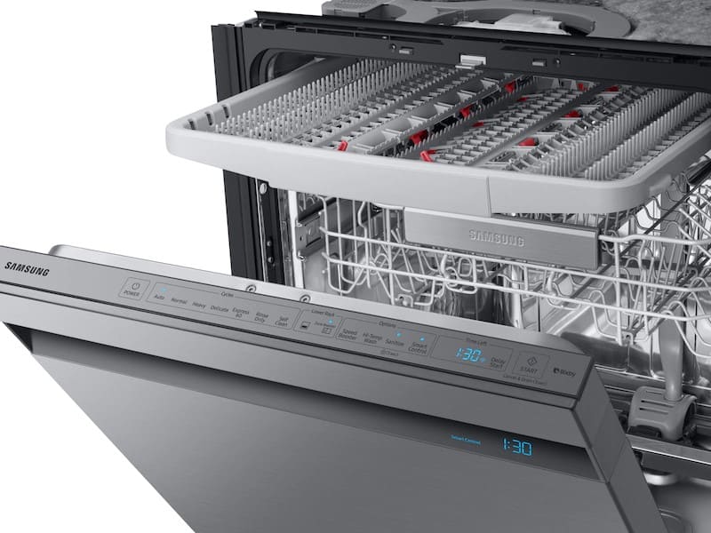 Samsung Smart Linear Dishwasher in Stainless steel. Open to show the controls and racks.