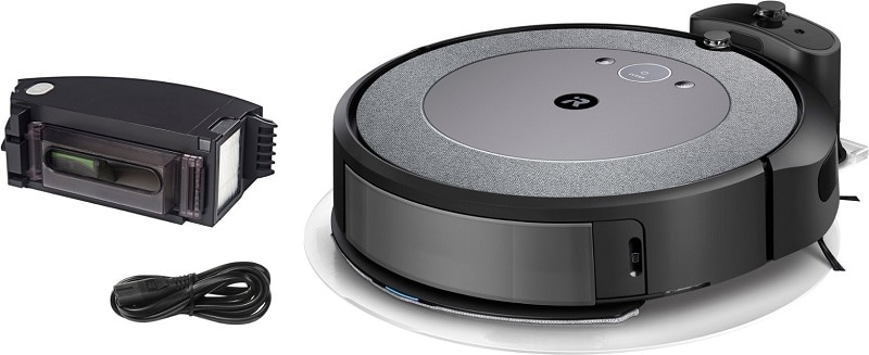 iRobot Roomba i5 with charging station and dust bin.
