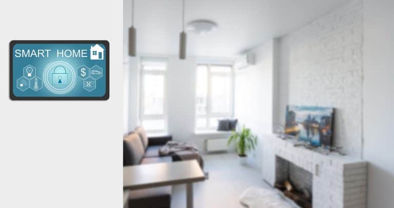 Smart home automation app on mobile with home interior in background.