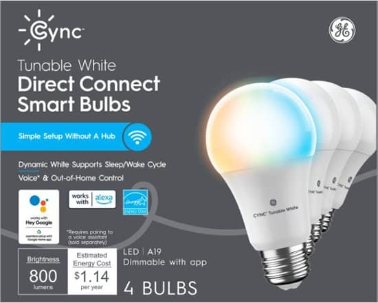 GE – Cync Smart Direct Connect Light Bulbs (4 A19 Smart LED Light Bulbs), 60W Replacement – Tunable White