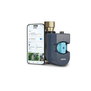 Moen water shutoff valve with app displayed on cell phone.