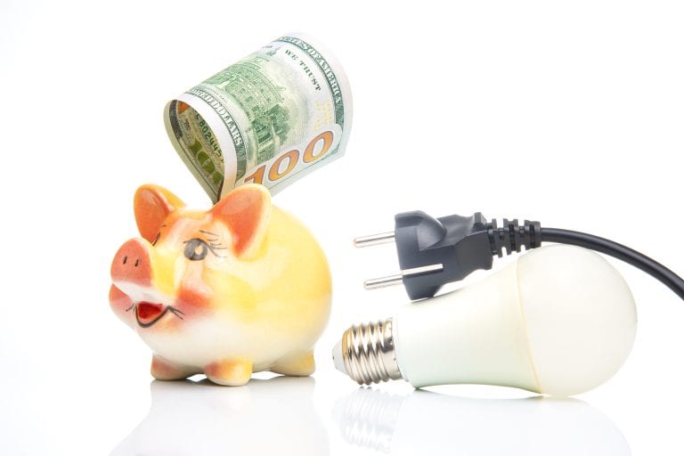 Piggy bank, money, light bulb, and plug.
