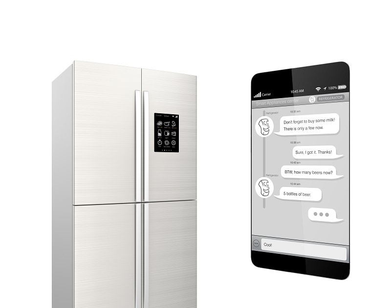 Smart refrigerator with phone app and chat asking about milk and beer.
