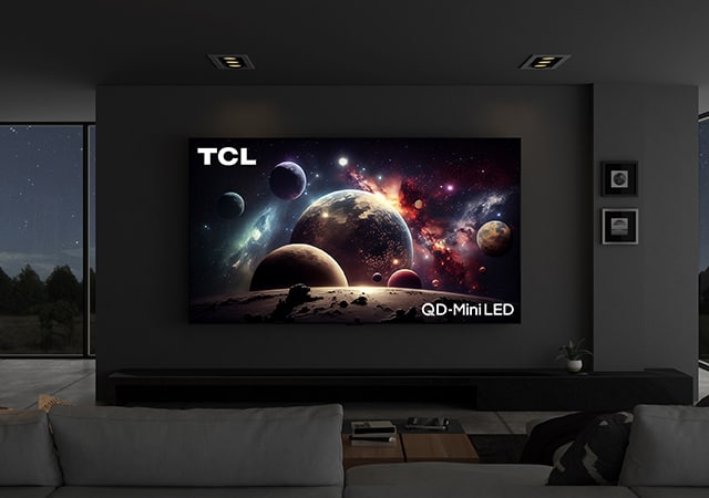 TCL QD-MiniLED tv in a darkened living room