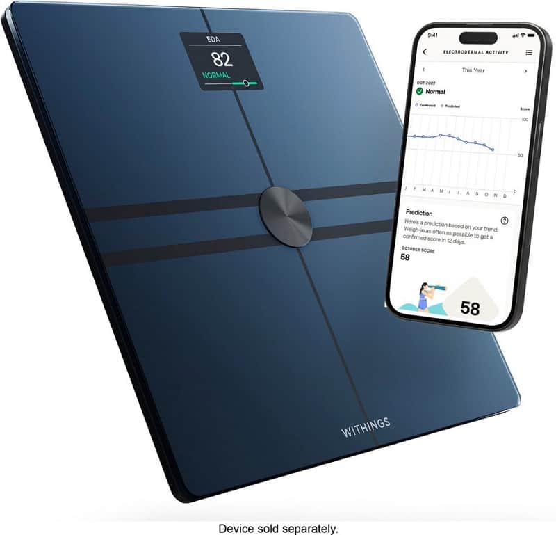 Withings Body Comp Complete Smart Scale with mockup of app on a cell phone.