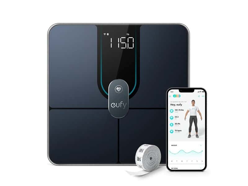 eufy Smart Scale P2 Pro with app and a measuring tape.