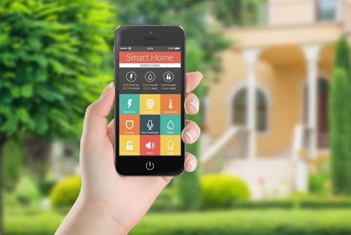 Colorful smart home app with house in background