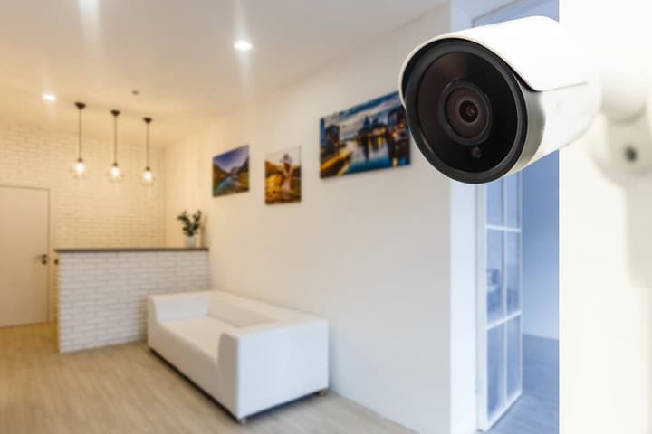 Modern living room with video camera watching.