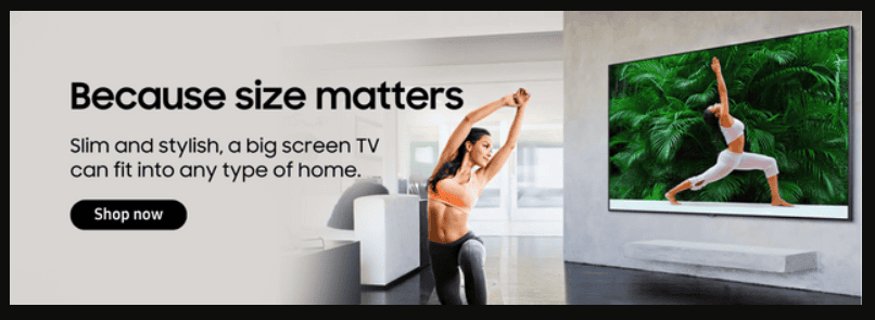 Samsung Size Matters next to woman working out and new 98 inch TV