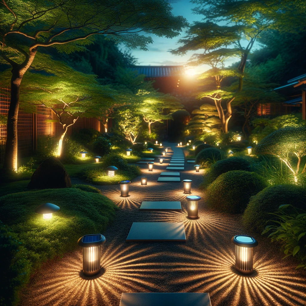 Solar powered lights in a lush garden