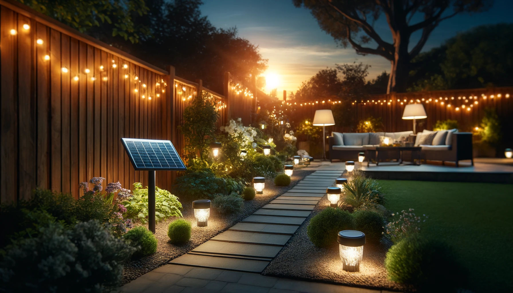 A cozy backyard at dusk, illuminated by several solar lights. The lights are strategically placed along a garden path, around a patio