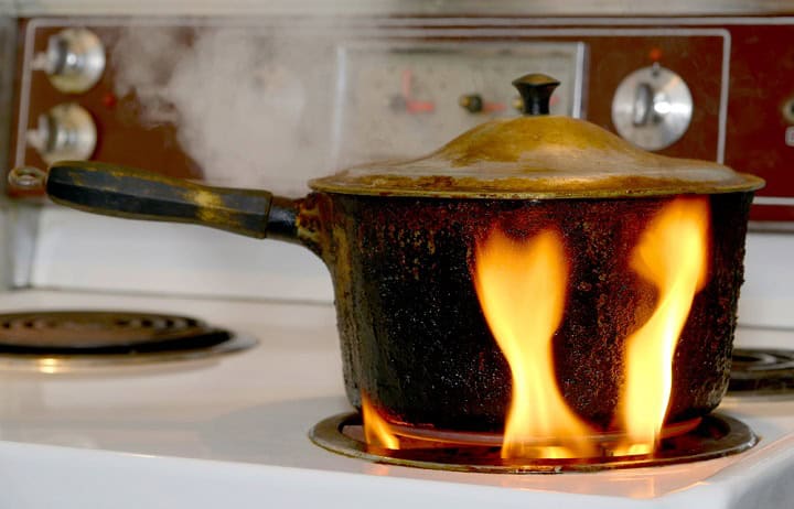 An old, covered, charred, blackened pot burning on a burner on an electric stove. The flame is on the outside of the pot rising from the burner.