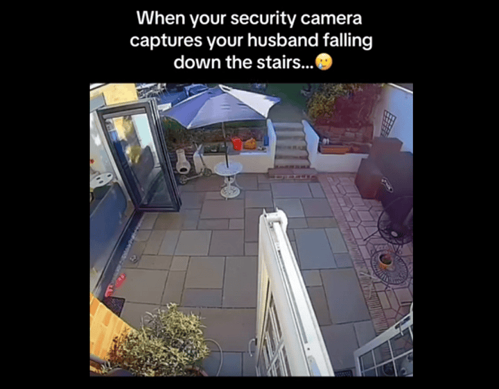 Preview of a video. Text at top says "When your security camera captures your husband falling down the stairs" followed by an image of someone's patio.