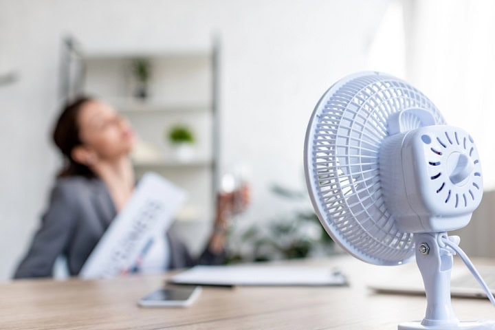 Small fan in foreground, woman in background working.