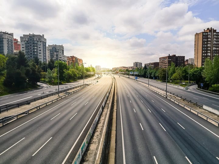 Empty M30 Highway in Madrid during COVID-19 pandemic.