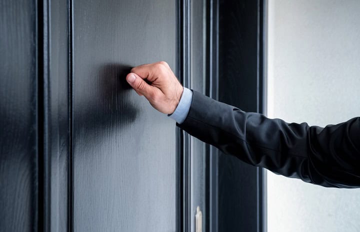 Person's arm knocking on a door.