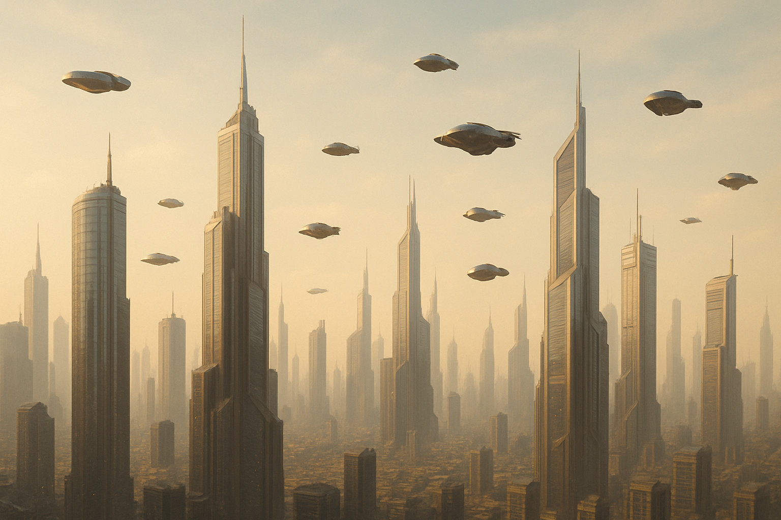 Sepia tinted future city scape with high rise buildings and flying cars.