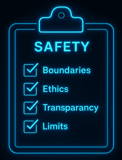 A glowing blue clipboard floats on a black digital background. At the top is the word 'SAFETY'. Below it is a checklist with glowing checkmarks beside items like 'Boundaries', 'Ethics', 'Transparency', and 'Limits'. Sleek, futuristic neon glow.