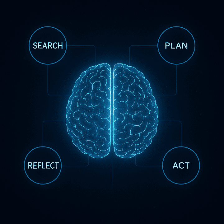 A glowing digital brain in the center of the image, with labeled task bubbles connected to it by lines — like 'search', 'plan', 'act', 'reflect'. The background is dark and sleek with a blue tech glow.