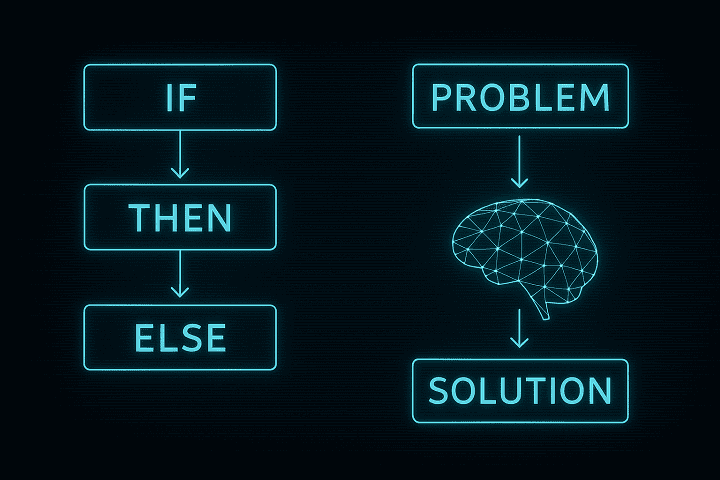 A side-by-side diagram comparing two logic models. One side has a basic 'If > Then > Else' tree structure. The other has a flow with 'Problem -> a wireframe image of a brain -> Solution' that mimics the layout of the if / then / else flow. Everything glows faint blue on a black digital canvas.