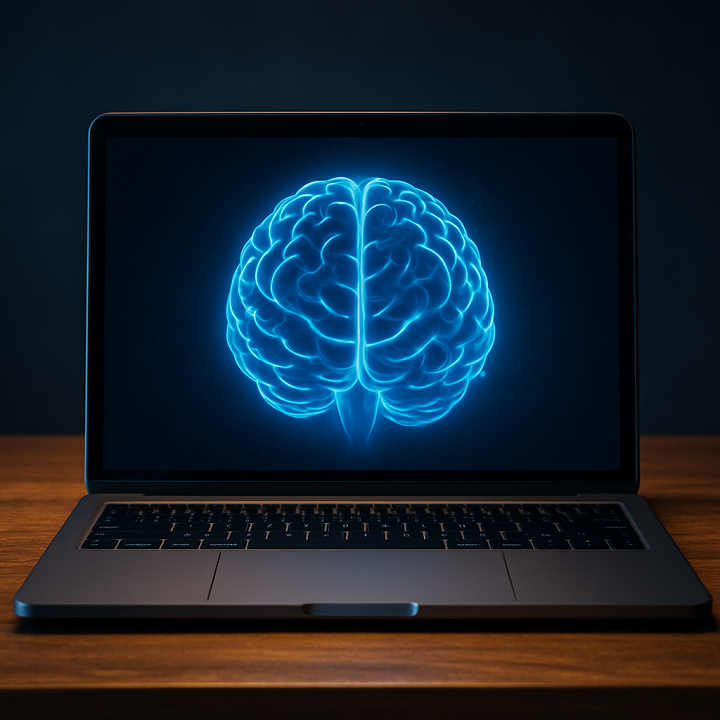 A stylized laptop is in the center of the image, with a blue glowing digital brain rendered on the screen. The laptop is sitting on top of a wooden table, with just the top of the table showing.