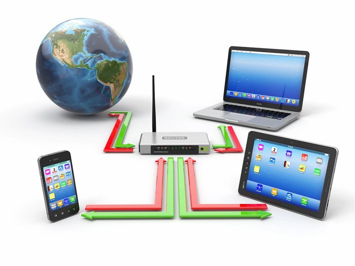 Wireless router surrounded by a globe ( symbolizing the internet ), a laptop, a tablet, and a cell phone. All are interconnected with red and green lines.