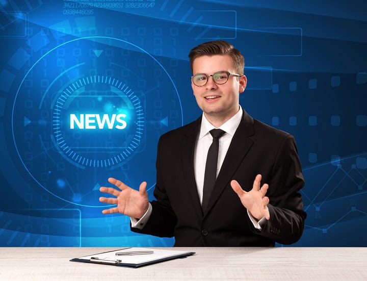 Modern televison presenter telling the news.