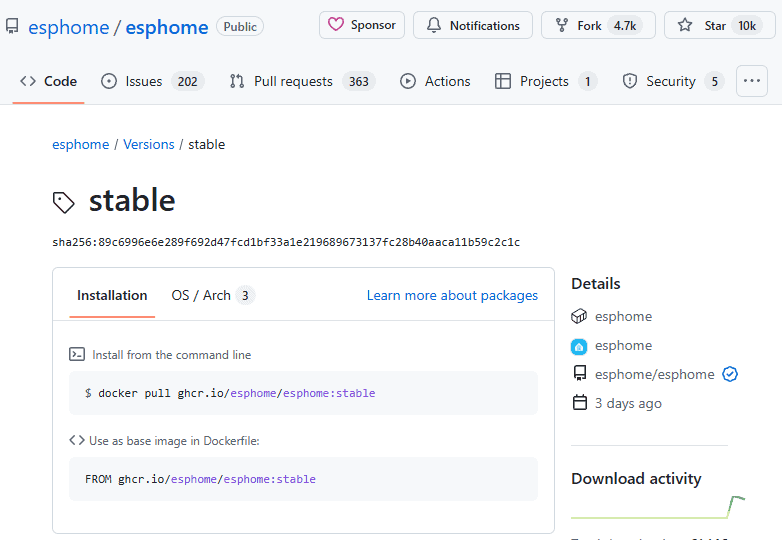 Github repo with ESPHome :stable container