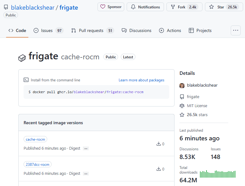 Github repo for Frigate showing different containers and tags.