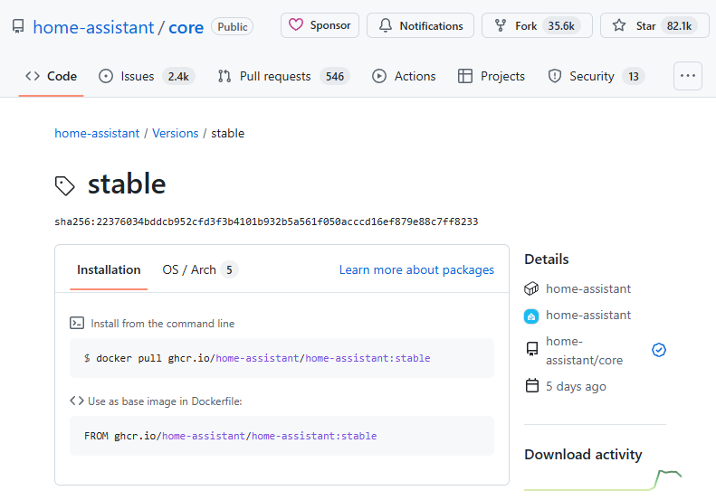 Github repo page for the homeassistant:stable container