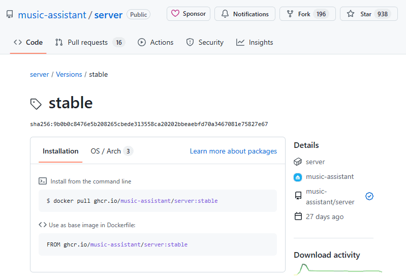 Github repo page for the music-assistant:stable container