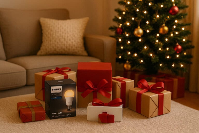 Christmas tree with presents and HUE smart bulb