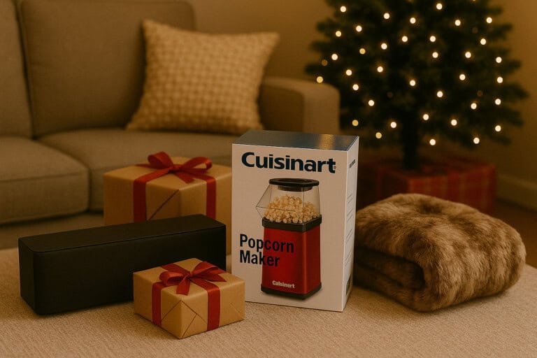 ChatGPT Image Gift Ideas for Movie Lovers - popcorn maker, sound bar, cozy throw blanket