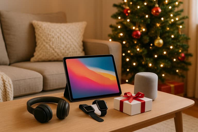 a cozy living room with a Christmas tree in the background and modern tech gifts placed neatly on a coffee table